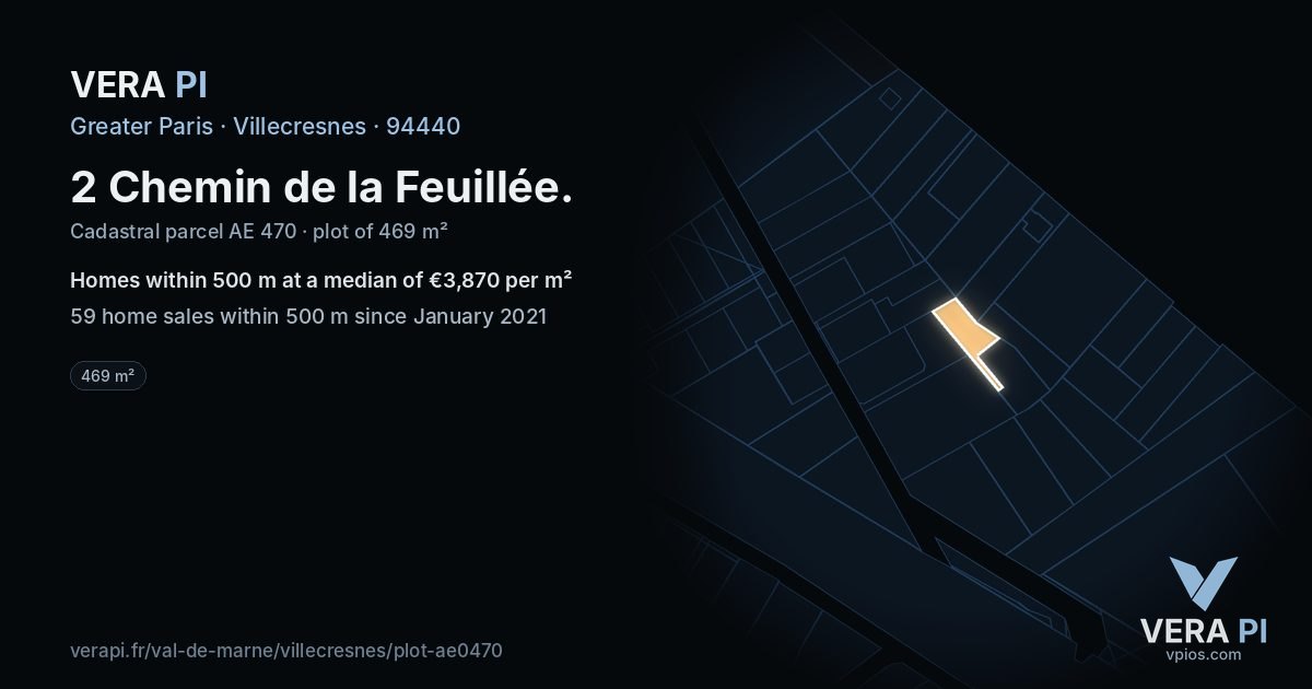 2 Chemin de la Feuillée, Villecresnes at night – the plot lit, the parcels around coloured by the prices near them