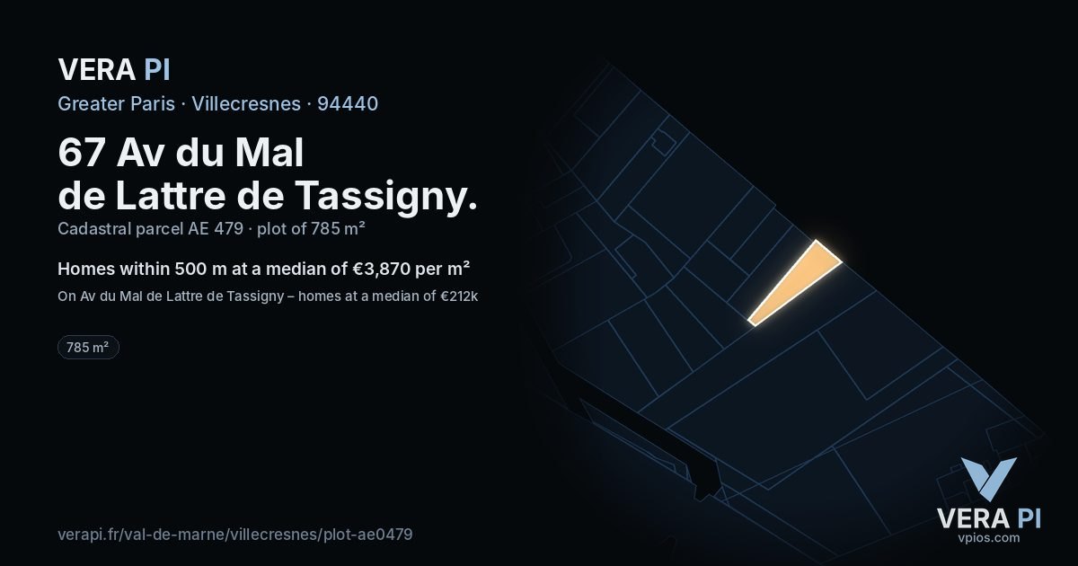67 Av du Mal de Lattre de Tassigny, Villecresnes at night – the plot lit, the parcels around coloured by the prices near them