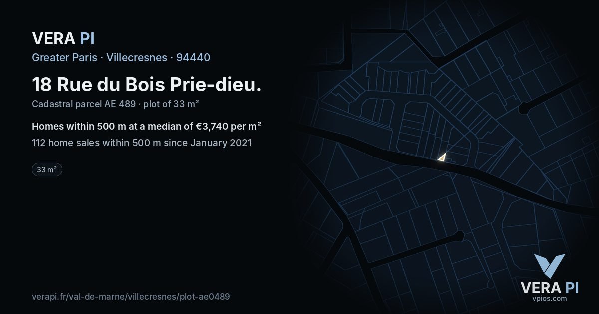 18 Rue du Bois Prie-dieu, Villecresnes at night – the plot lit, the parcels around coloured by the prices near them