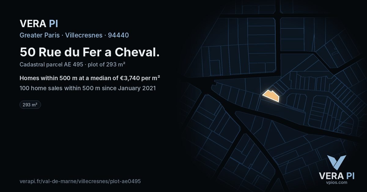 50 Rue du Fer a Cheval, Villecresnes at night – the plot lit, the parcels around coloured by the prices near them