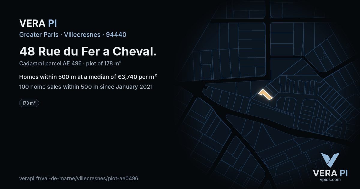 48 Rue du Fer a Cheval, Villecresnes at night – the plot lit, the parcels around coloured by the prices near them