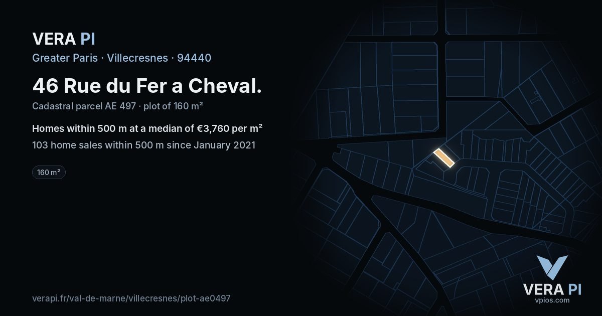 46 Rue du Fer a Cheval, Villecresnes at night – the plot lit, the parcels around coloured by the prices near them