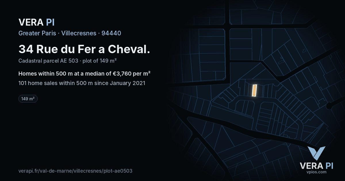 34 Rue du Fer a Cheval, Villecresnes at night – the plot lit, the parcels around coloured by the prices near them