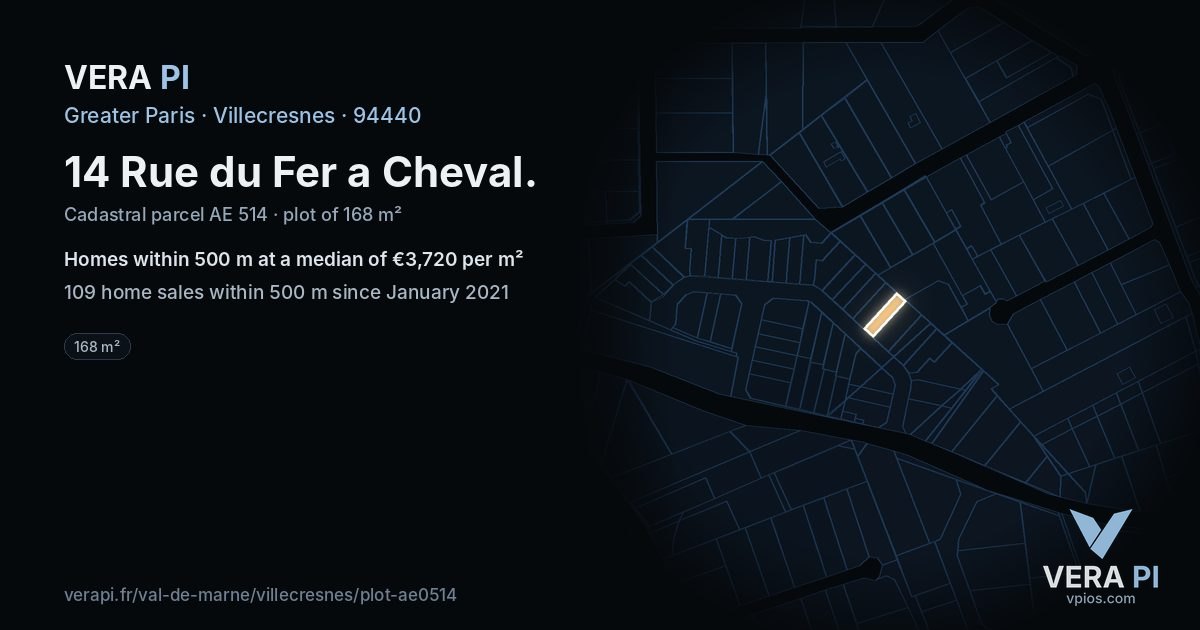 14 Rue du Fer a Cheval, Villecresnes at night – the plot lit, the parcels around coloured by the prices near them