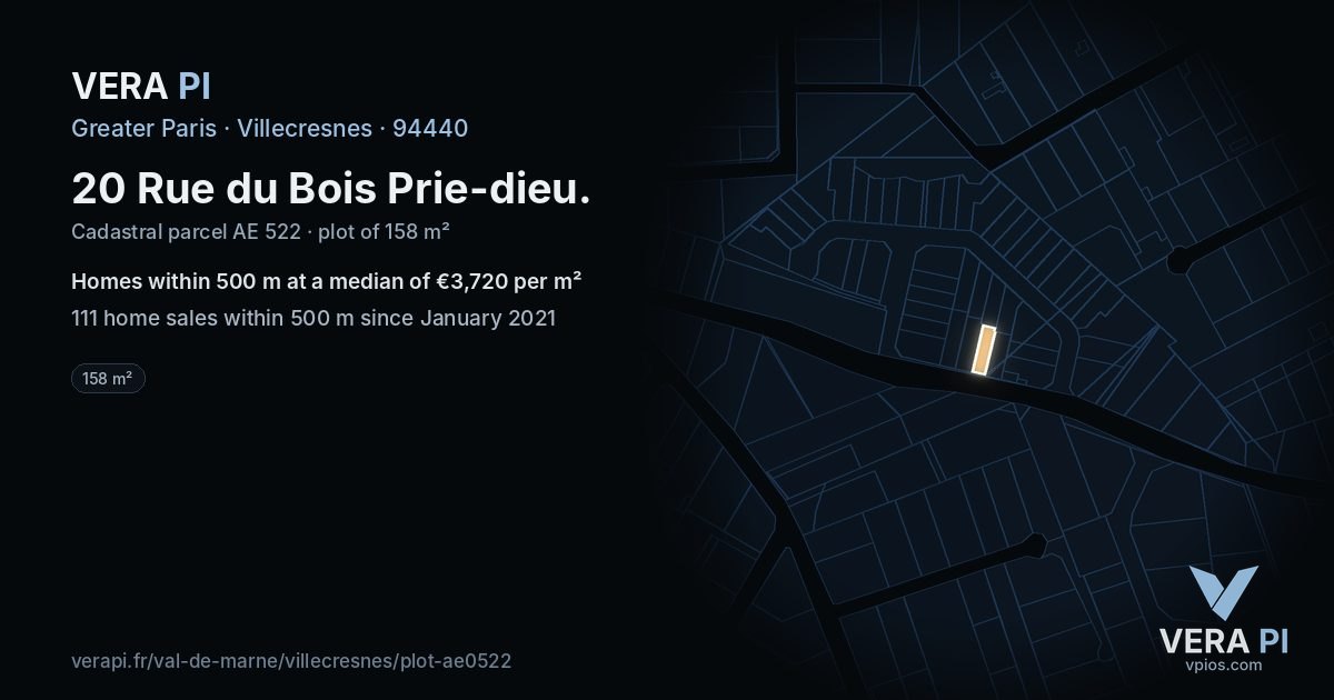 20 Rue du Bois Prie-dieu, Villecresnes at night – the plot lit, the parcels around coloured by the prices near them