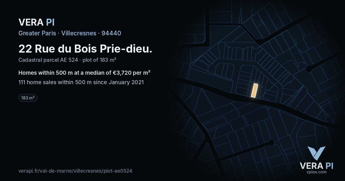 22 Rue du Bois Prie-dieu, Villecresnes at night – the plot lit, the parcels around coloured by the prices near them