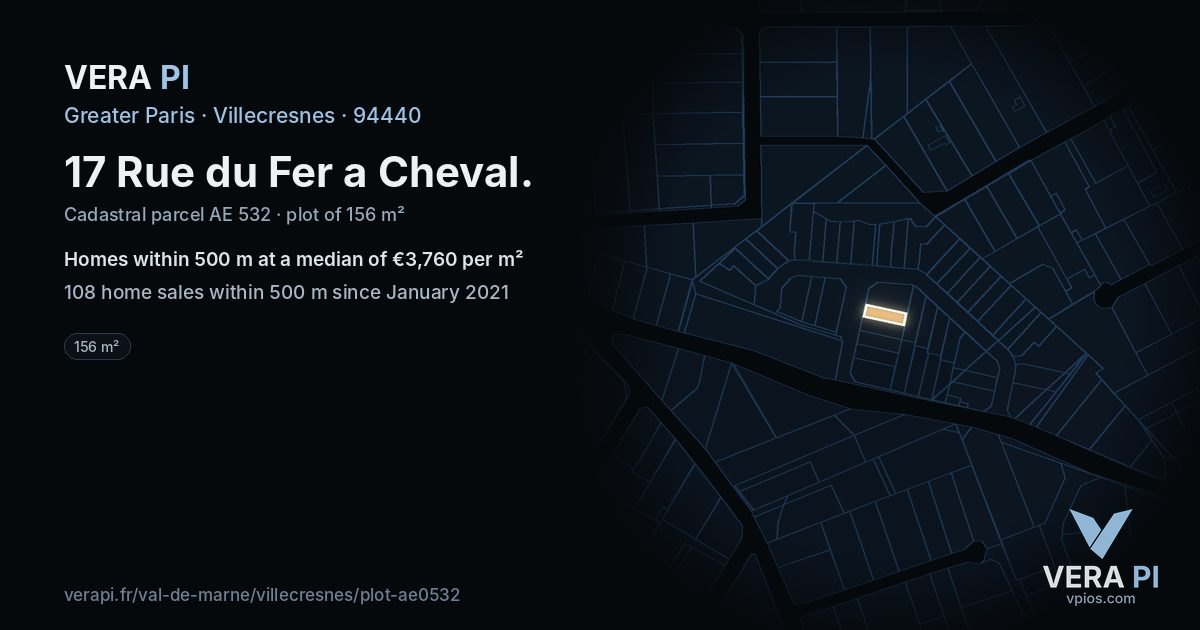 17 Rue du Fer a Cheval, Villecresnes at night – the plot lit, the parcels around coloured by the prices near them