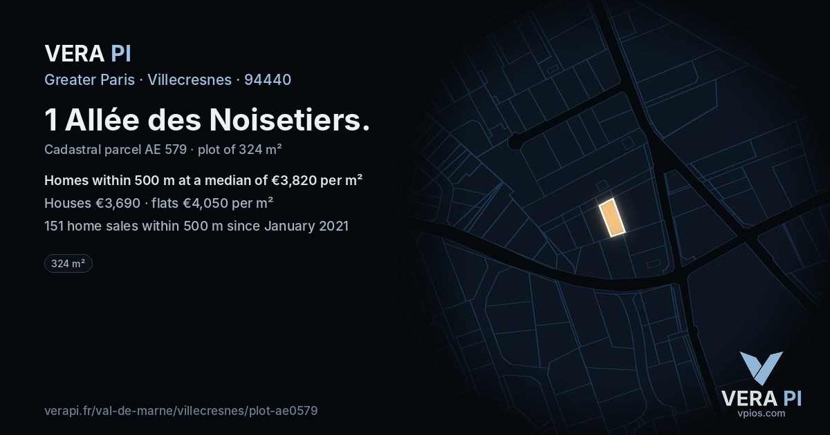 1 Allée des Noisetiers, Villecresnes at night – the plot lit, the parcels around coloured by the prices near them