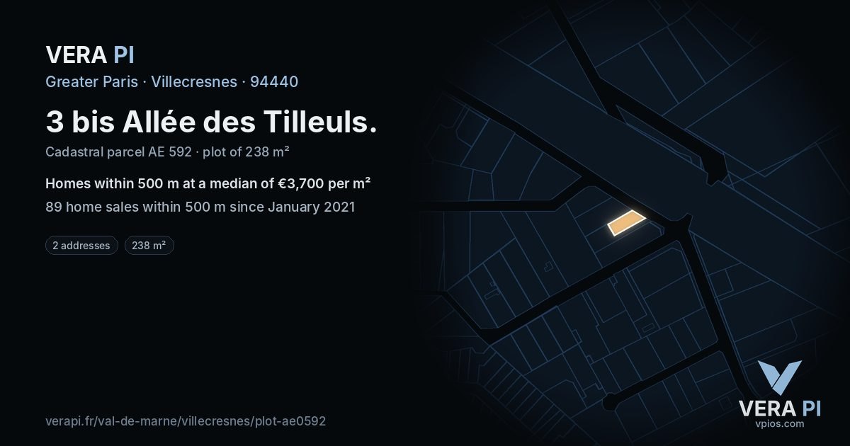 3 bis Allée des Tilleuls, Villecresnes at night – the plot lit, the parcels around coloured by the prices near them
