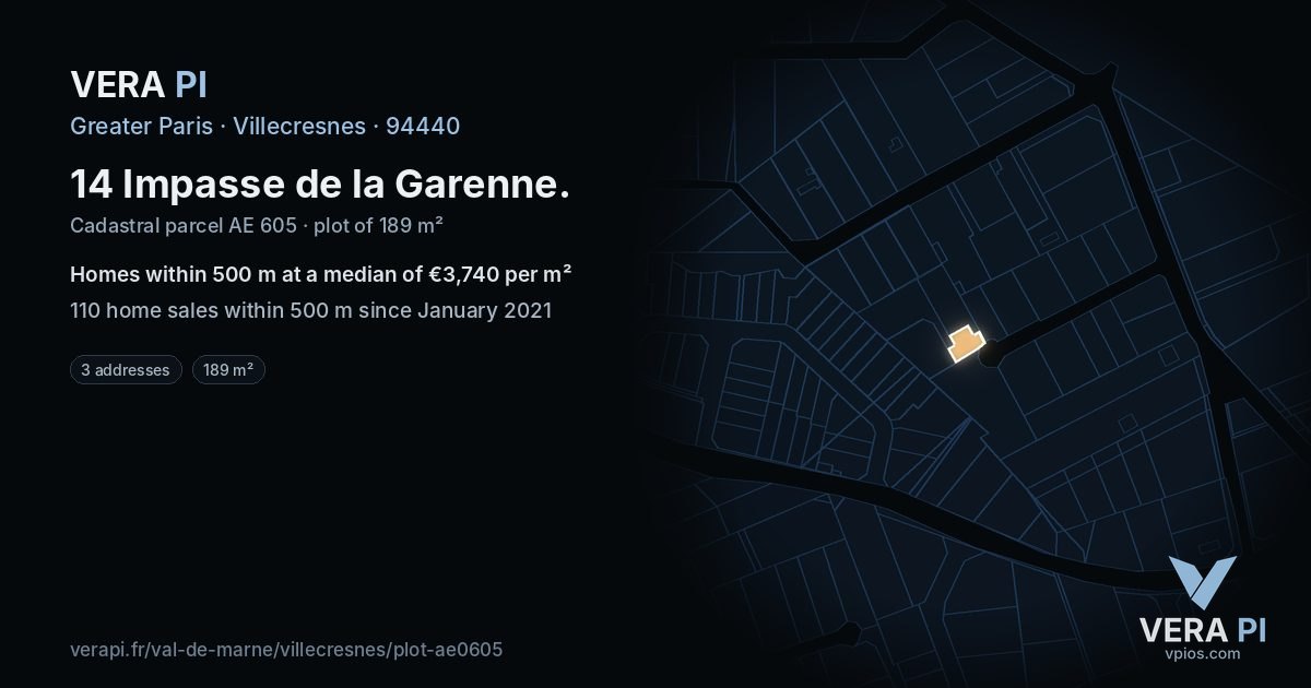14 Impasse de la Garenne, Villecresnes at night – the plot lit, the parcels around coloured by the prices near them