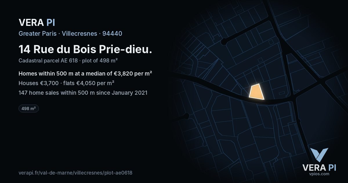 14 Rue du Bois Prie-dieu, Villecresnes at night – the plot lit, the parcels around coloured by the prices near them