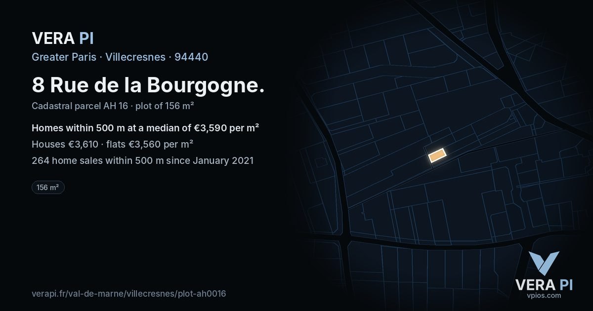 8 Rue de la Bourgogne, Villecresnes at night – the plot lit, the parcels around coloured by the prices near them