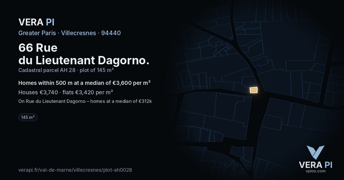 66 Rue du Lieutenant Dagorno, Villecresnes at night – the plot lit, the parcels around coloured by the prices near them