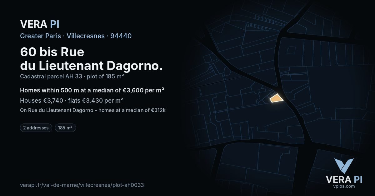 60 bis Rue du Lieutenant Dagorno, Villecresnes at night – the plot lit, the parcels around coloured by the prices near them