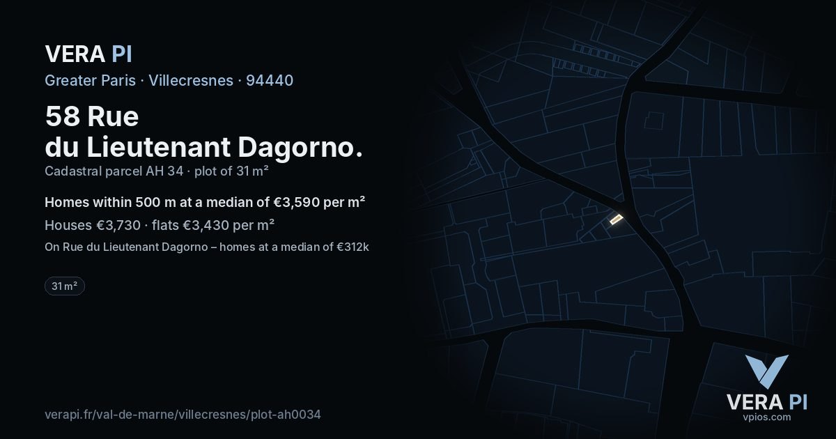58 Rue du Lieutenant Dagorno, Villecresnes at night – the plot lit, the parcels around coloured by the prices near them