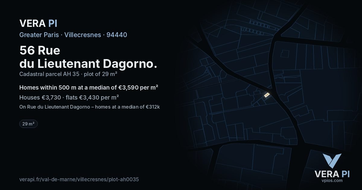 56 Rue du Lieutenant Dagorno, Villecresnes at night – the plot lit, the parcels around coloured by the prices near them