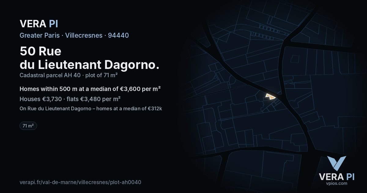 50 Rue du Lieutenant Dagorno, Villecresnes at night – the plot lit, the parcels around coloured by the prices near them