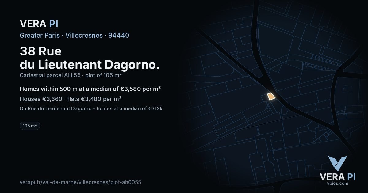 38 Rue du Lieutenant Dagorno, Villecresnes at night – the plot lit, the parcels around coloured by the prices near them