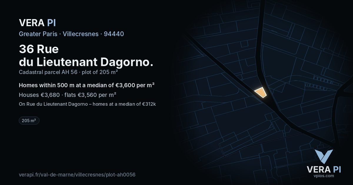 36 Rue du Lieutenant Dagorno, Villecresnes at night – the plot lit, the parcels around coloured by the prices near them