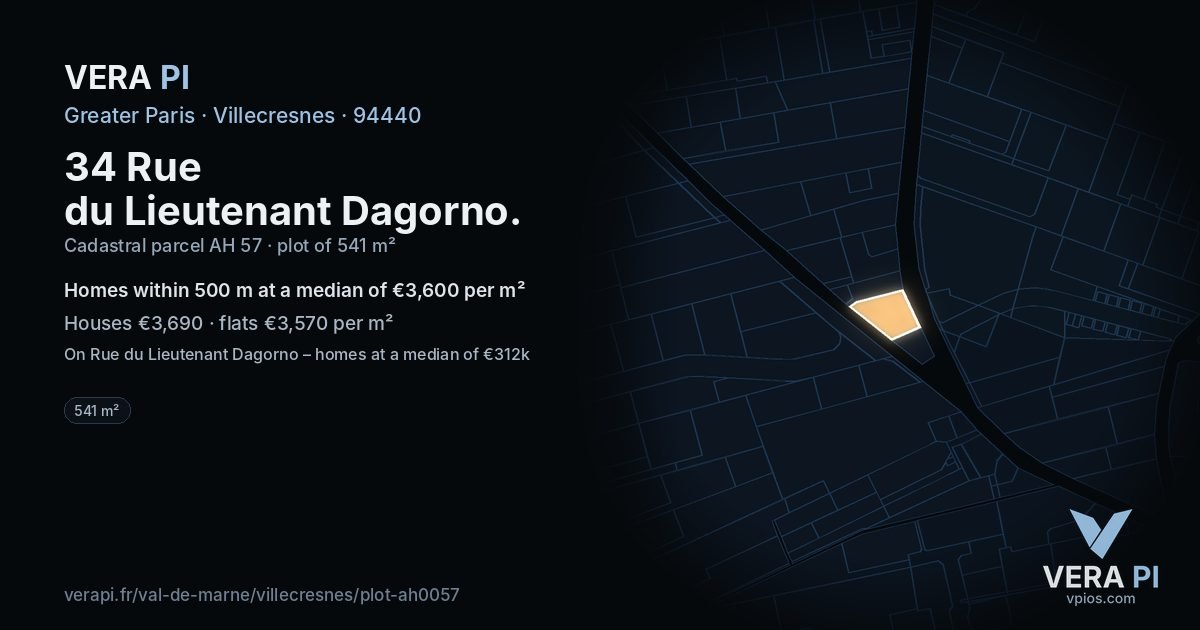 34 Rue du Lieutenant Dagorno, Villecresnes at night – the plot lit, the parcels around coloured by the prices near them