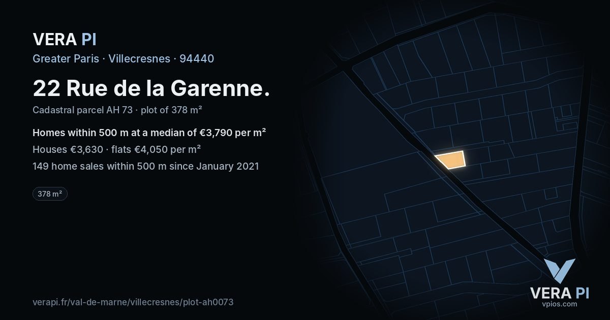 22 Rue de la Garenne, Villecresnes at night – the plot lit, the parcels around coloured by the prices near them