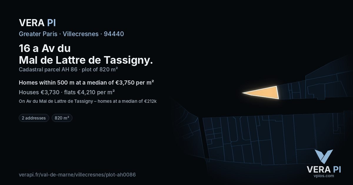 16 a Av du Mal de Lattre de Tassigny, Villecresnes at night – the plot lit, the parcels around coloured by the prices near them