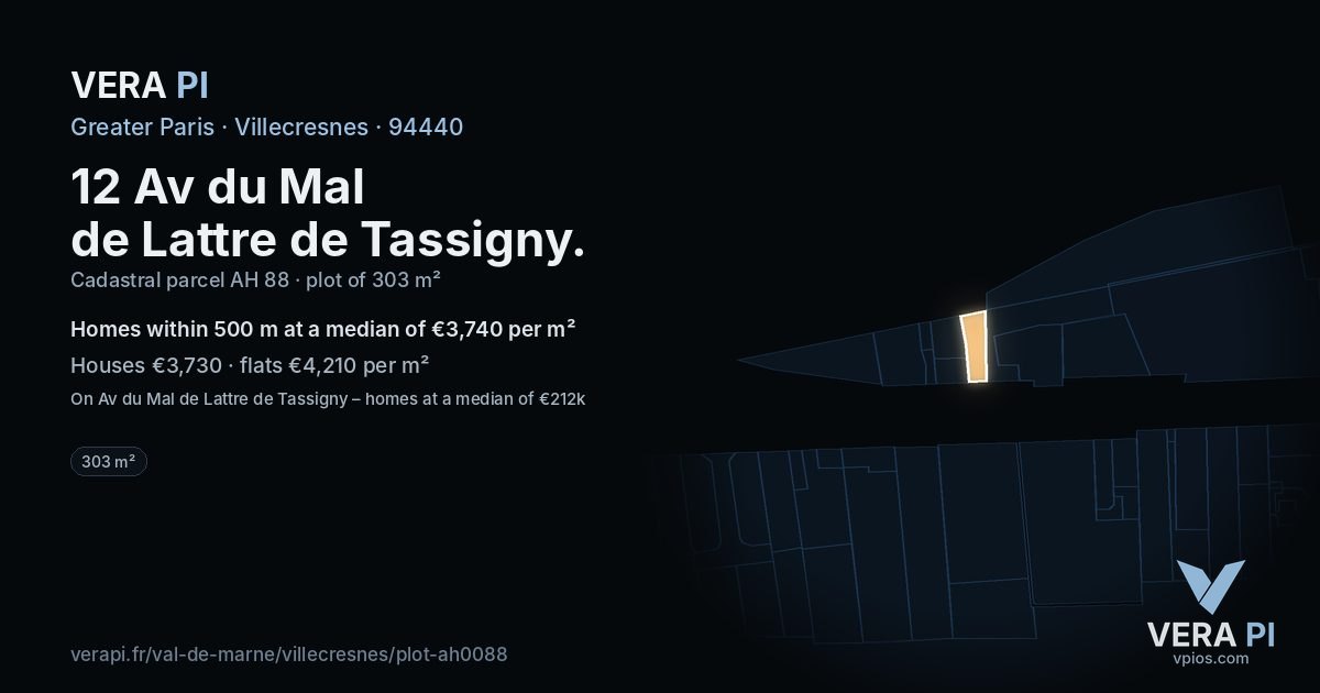 12 Av du Mal de Lattre de Tassigny, Villecresnes at night – the plot lit, the parcels around coloured by the prices near them