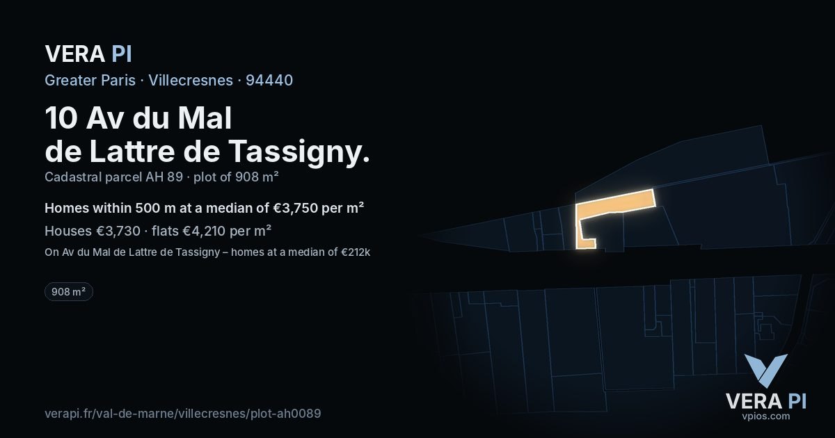 10 Av du Mal de Lattre de Tassigny, Villecresnes at night – the plot lit, the parcels around coloured by the prices near them