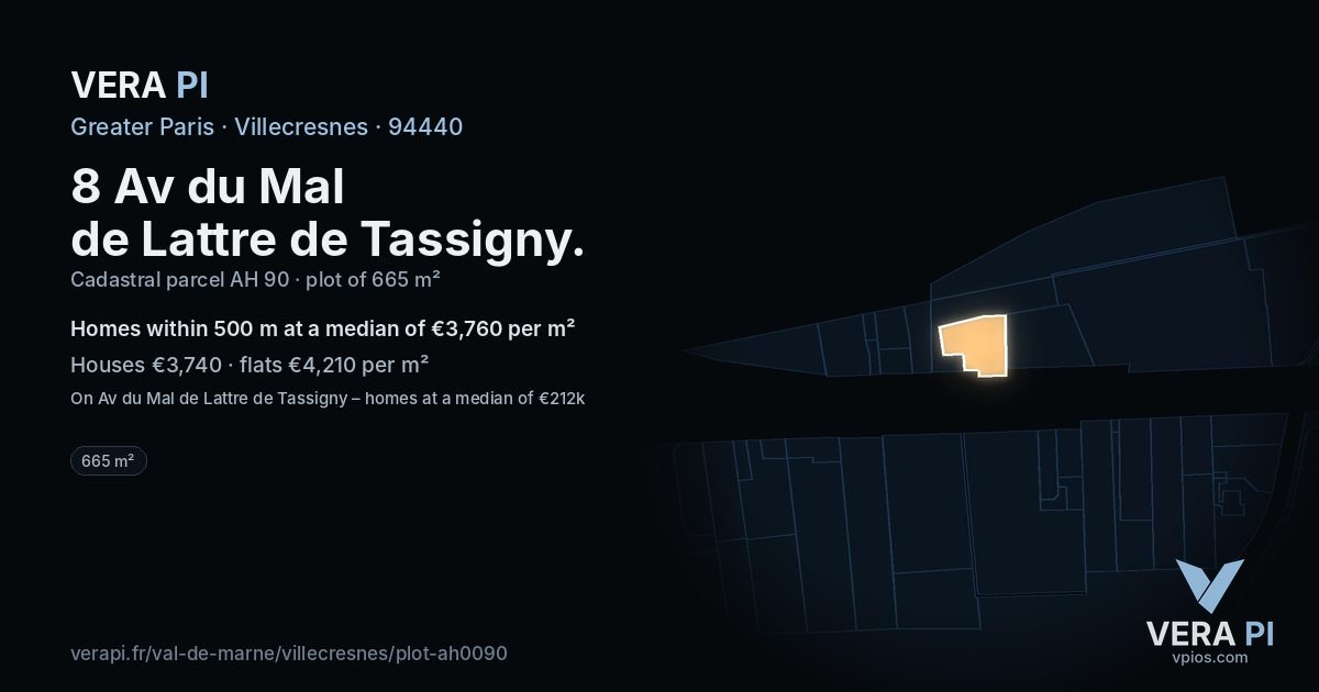 8 Av du Mal de Lattre de Tassigny, Villecresnes at night – the plot lit, the parcels around coloured by the prices near them