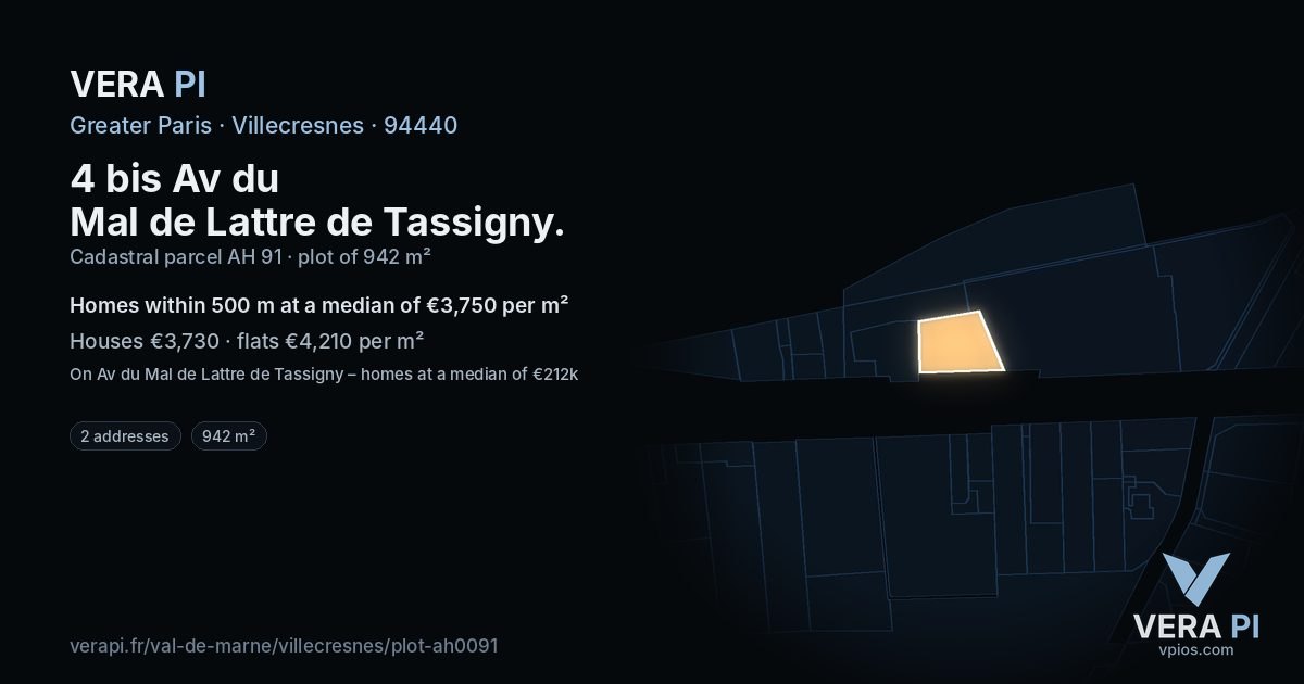 4 bis Av du Mal de Lattre de Tassigny, Villecresnes at night – the plot lit, the parcels around coloured by the prices near them