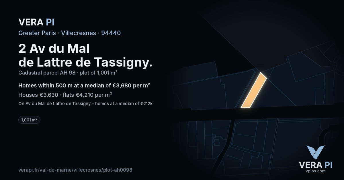2 Av du Mal de Lattre de Tassigny, Villecresnes at night – the plot lit, the parcels around coloured by the prices near them
