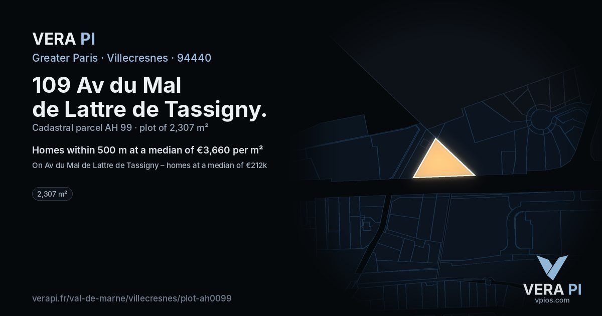 109 Av du Mal de Lattre de Tassigny, Villecresnes at night – the plot lit, the parcels around coloured by the prices near them