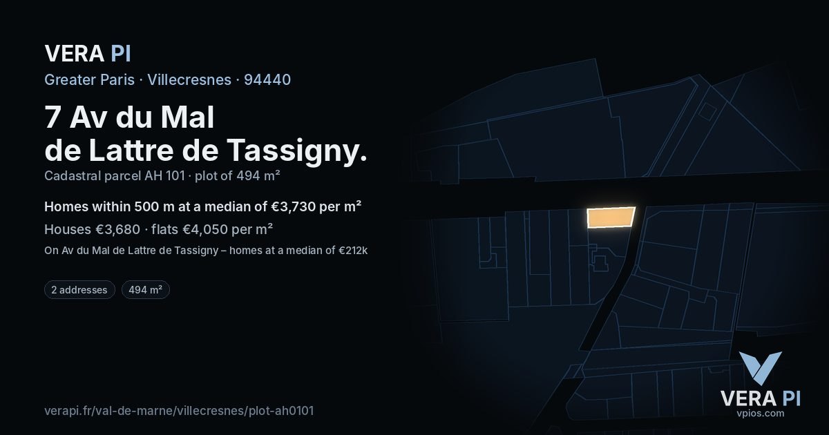 7 Av du Mal de Lattre de Tassigny, Villecresnes at night – the plot lit, the parcels around coloured by the prices near them
