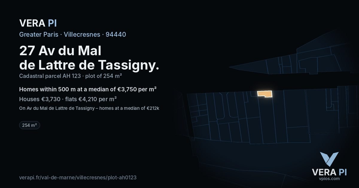27 Av du Mal de Lattre de Tassigny, Villecresnes at night – the plot lit, the parcels around coloured by the prices near them