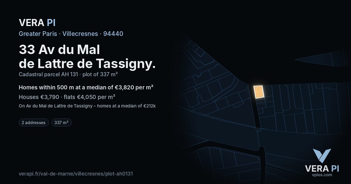 33 Av du Mal de Lattre de Tassigny, Villecresnes at night – the plot lit, the parcels around coloured by the prices near them