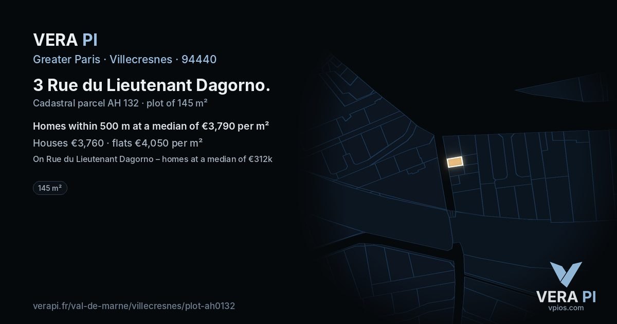 3 Rue du Lieutenant Dagorno, Villecresnes at night – the plot lit, the parcels around coloured by the prices near them