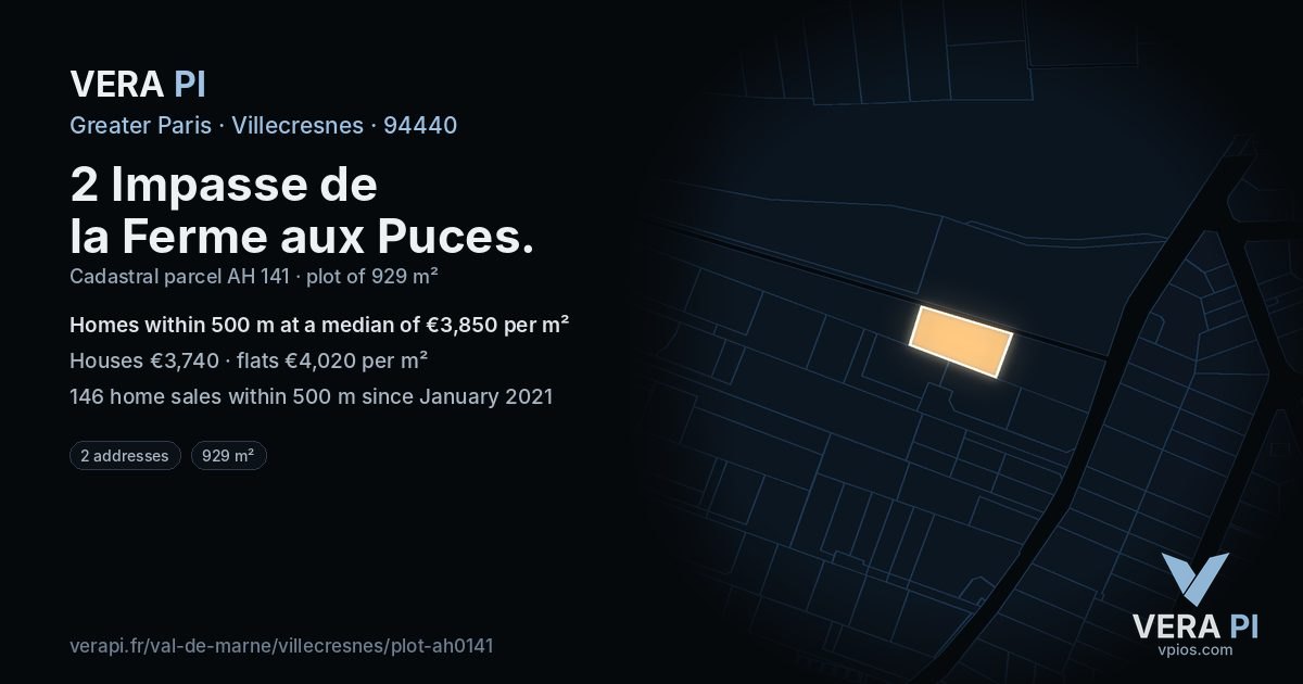 2 Impasse de la Ferme aux Puces, Villecresnes at night – the plot lit, the parcels around coloured by the prices near them