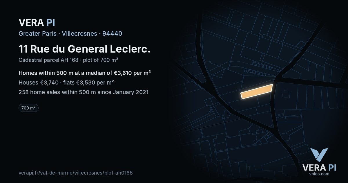 11 Rue du General Leclerc, Villecresnes at night – the plot lit, the parcels around coloured by the prices near them