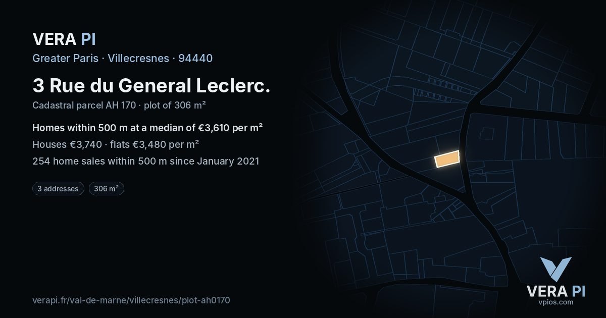 3 Rue du General Leclerc, Villecresnes at night – the plot lit, the parcels around coloured by the prices near them