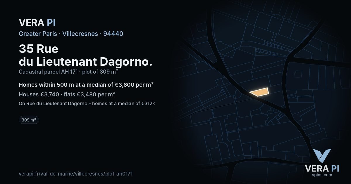 35 Rue du Lieutenant Dagorno, Villecresnes at night – the plot lit, the parcels around coloured by the prices near them