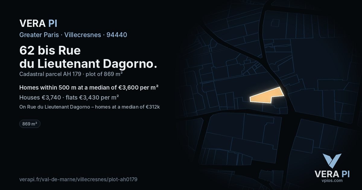 62 bis Rue du Lieutenant Dagorno, Villecresnes at night – the plot lit, the parcels around coloured by the prices near them