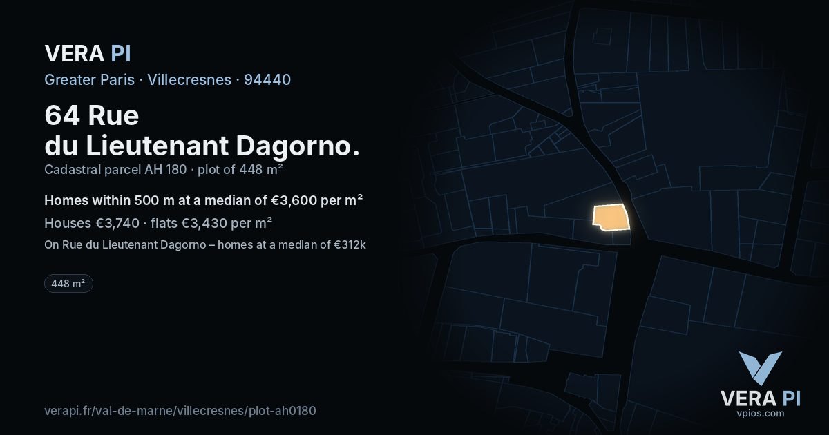 64 Rue du Lieutenant Dagorno, Villecresnes at night – the plot lit, the parcels around coloured by the prices near them