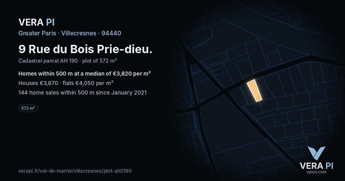 9 Rue du Bois Prie-dieu, Villecresnes at night – the plot lit, the parcels around coloured by the prices near them
