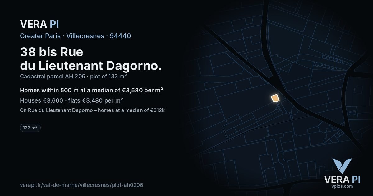 38 bis Rue du Lieutenant Dagorno, Villecresnes at night – the plot lit, the parcels around coloured by the prices near them