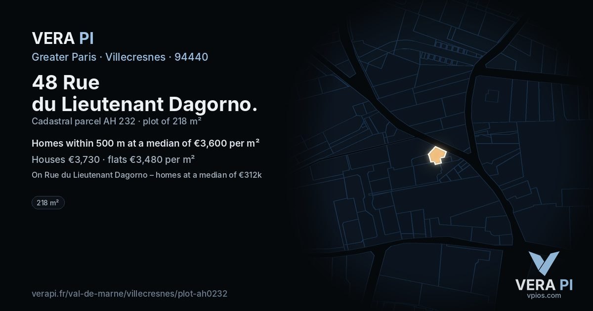 48 Rue du Lieutenant Dagorno, Villecresnes at night – the plot lit, the parcels around coloured by the prices near them