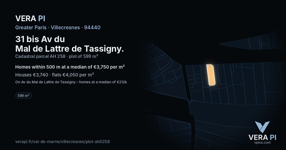 31 bis Av du Mal de Lattre de Tassigny, Villecresnes at night – the plot lit, the parcels around coloured by the prices near them
