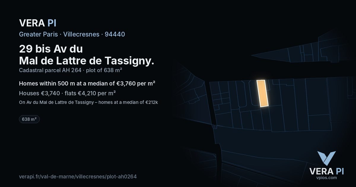 29 bis Av du Mal de Lattre de Tassigny, Villecresnes at night – the plot lit, the parcels around coloured by the prices near them