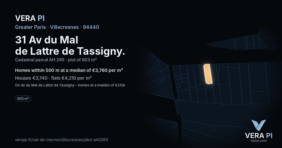 31 Av du Mal de Lattre de Tassigny, Villecresnes at night – the plot lit, the parcels around coloured by the prices near them