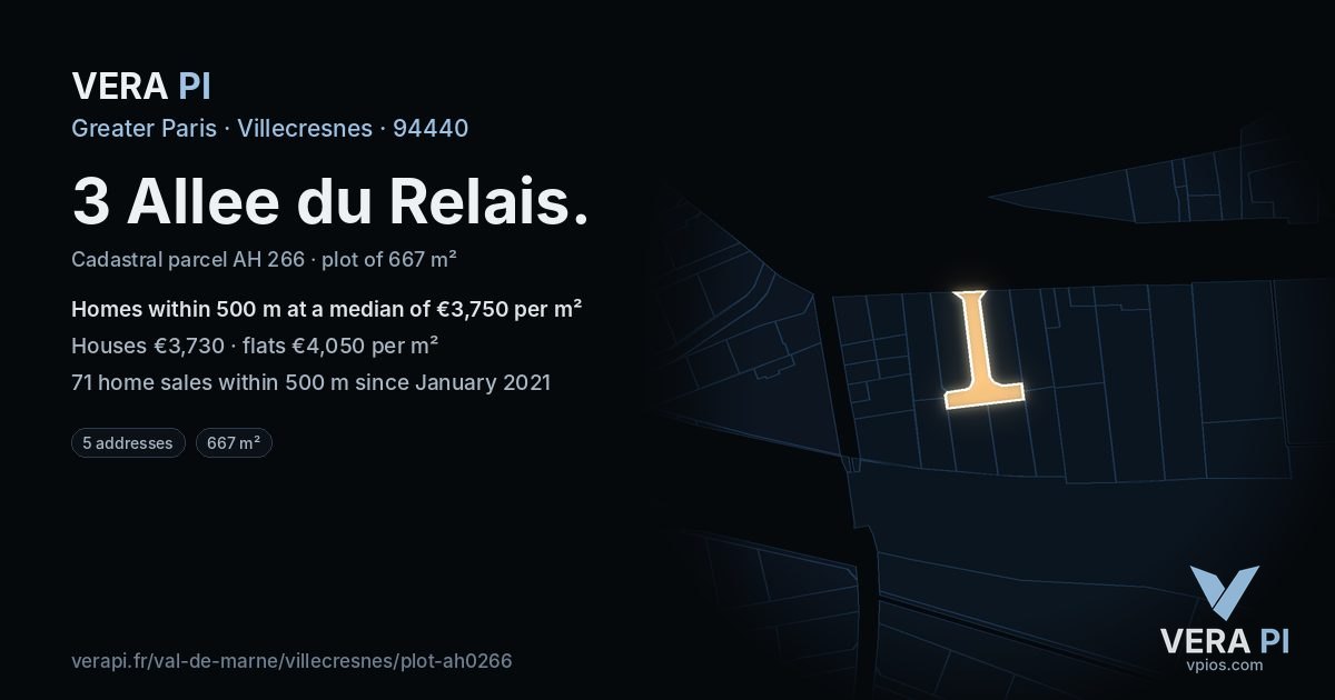 3 Allee du Relais, Villecresnes at night – the plot lit, the parcels around coloured by the prices near them