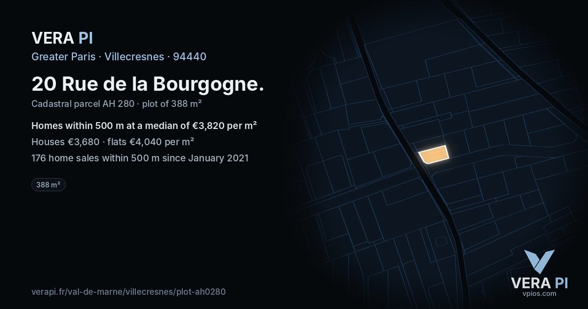 20 Rue de la Bourgogne, Villecresnes at night – the plot lit, the parcels around coloured by the prices near them
